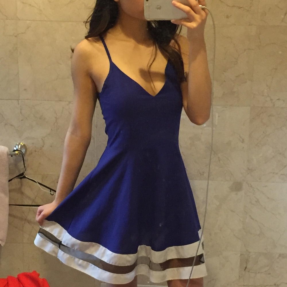 Blue Dress with white stripes and peekaboo mesh